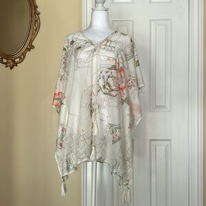 Z&L Lightweight Floral Print V-Neck Swim Cover-Up Tassels Sheer Kaftan